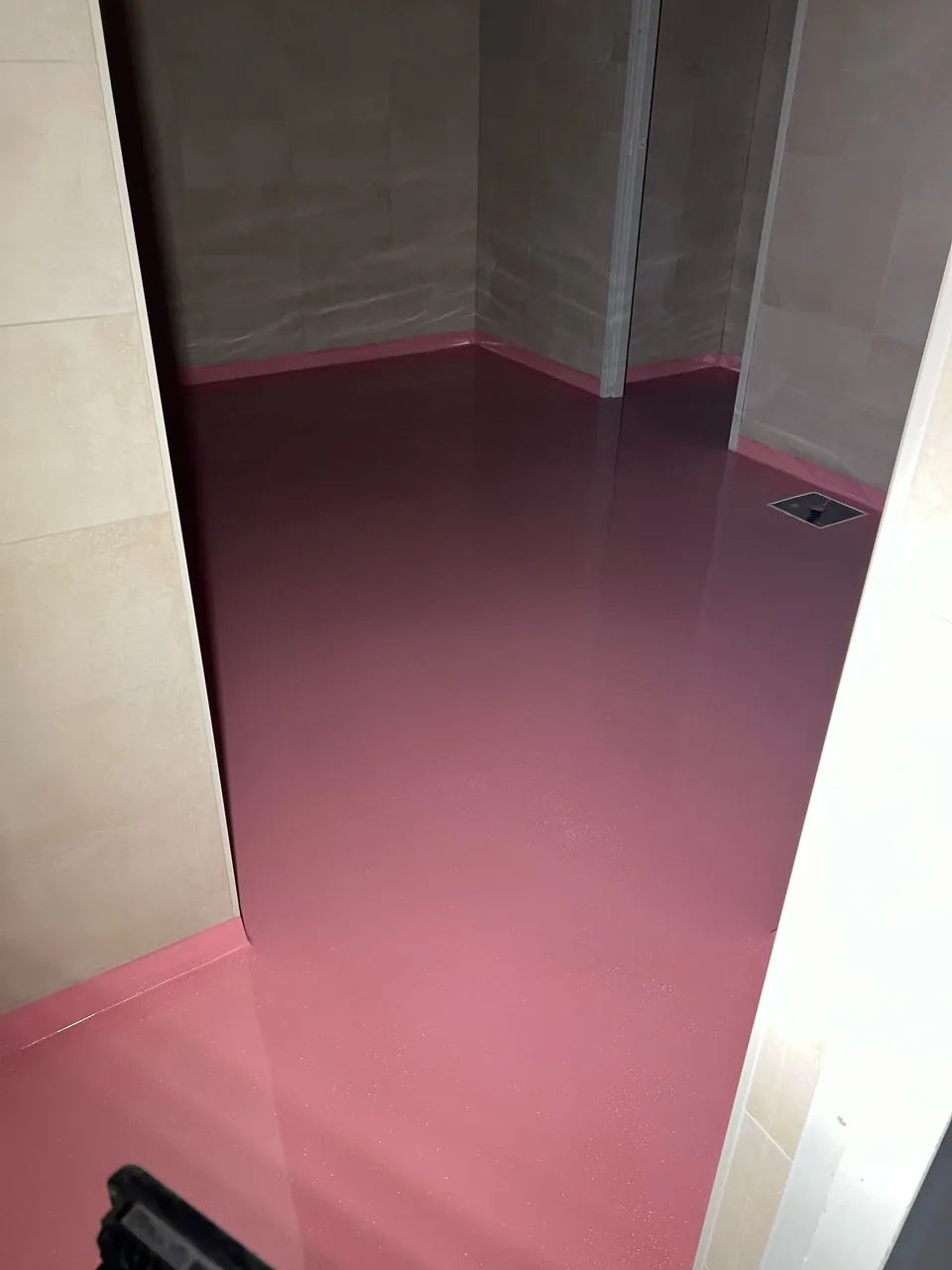 Pink Comforpur 670 Deco resin floor with coved skirting in a toilet block