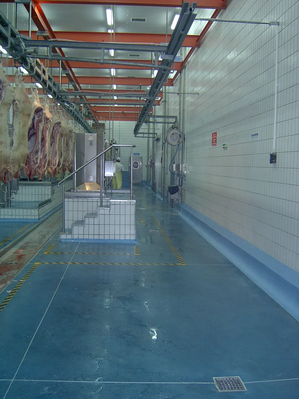 Blue Ucrete floor in a meat processing area with yellow markings